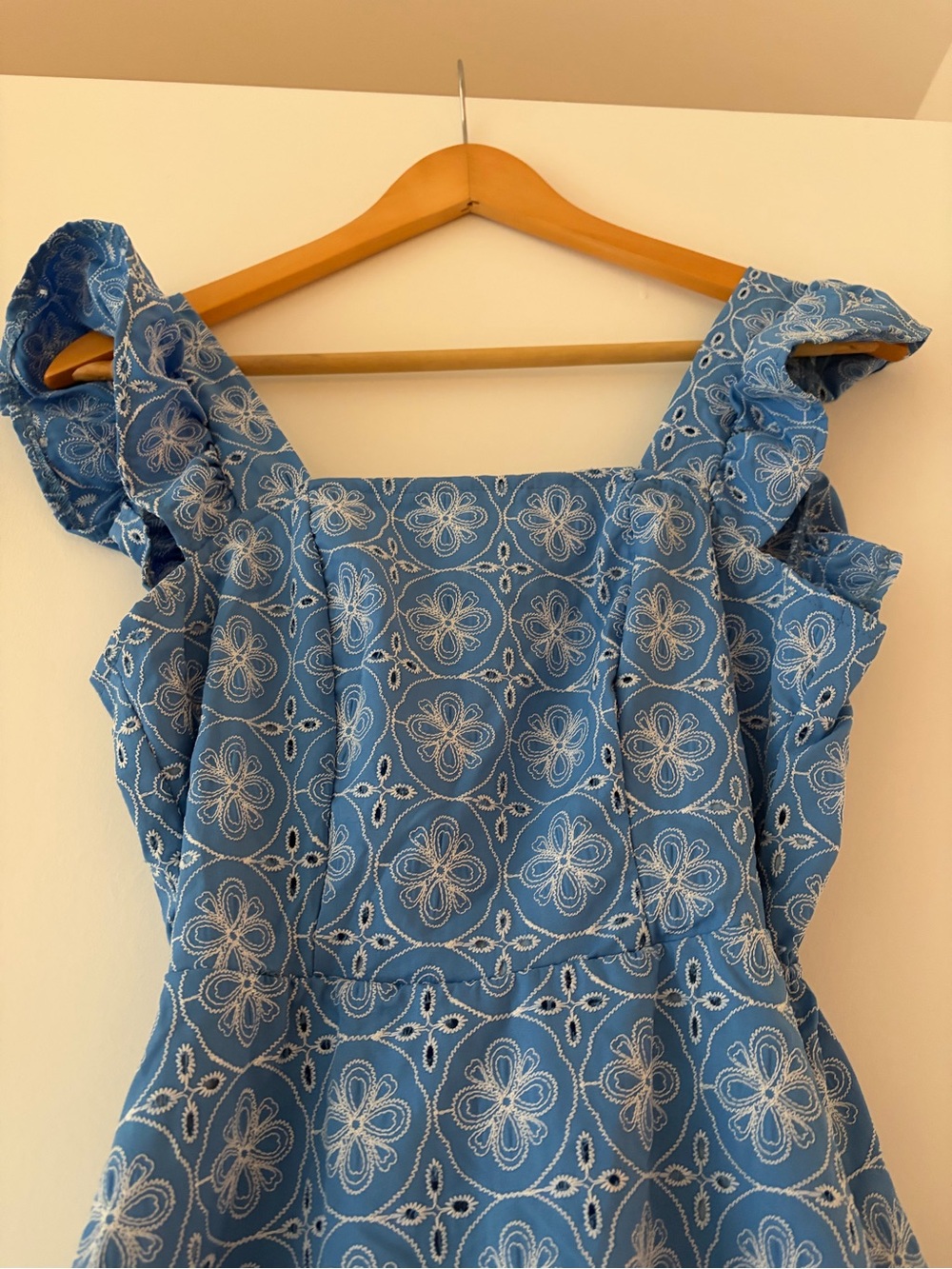 Blue stitch Patterned Ruffle-Strap Mini Dress - Picture 2 of 6